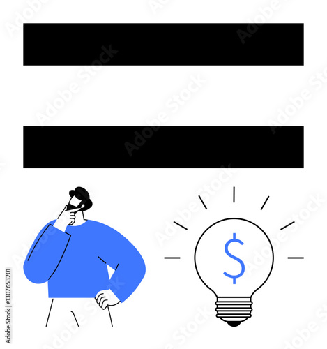 Man pondering next to a glowing light bulb with a dollar sign inside, symbolizing creativity, financial planning, and problem-solving. Ideal for business, innovation, economy, strategy, investment