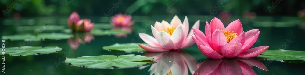Peonies submerged in a quiet pond with water lilies, aquatic, peony, water lily Peonies submerged in a quiet pond with water lilies, aquatic, peony, water lily