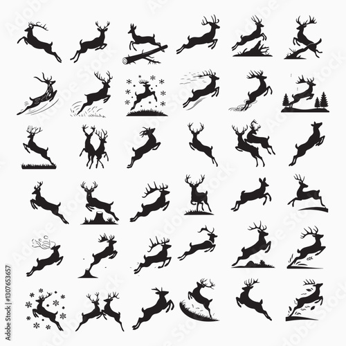 Collection of Graphic black silhouettes of wild deers male, female, and roe deer. Graphic black silhouettes of wild deers – male, female and roe deer