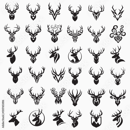 set of deer silhouettes set of deer head silhouettes the set of deer horns is given totally The deer head silhouette