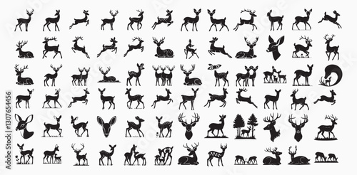 Collection of Graphic black silhouettes of wild deers male, female, and roe deer. Graphic black silhouettes of wild deers – male, female and roe deer