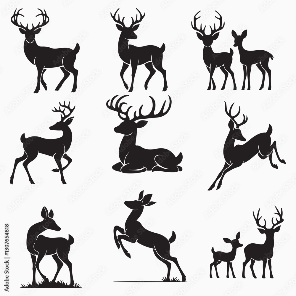 Collection of Graphic black silhouettes of wild deers male, female, and roe deer. Graphic black silhouettes of wild deers – male, female and roe deer Collection of Graphic black silhouettes of wild deers male, female, and roe deer. Graphic black silhouettes of wild deers – male, female and roe deer