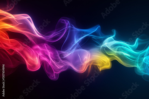 Vivid Abstract Flow of Colorful Smoke-Like Light Waves on Black
