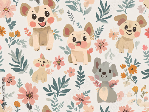 Seamless Pattern of Cute Cartoon Dogs, prints and colorful elements, perfect for children's design, wallpapers