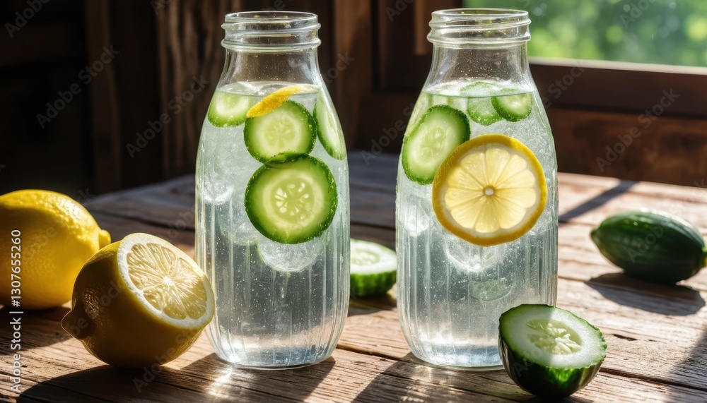 Refreshing Lemon and Cucumber Infused Water in Glass Bottles on Rustic Wooden Table with Natural Light Refreshing Lemon and Cucumber Infused Water in Glass Bottles on Rustic Wooden Table with Natural Light