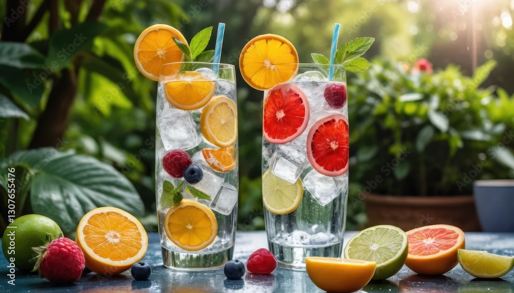 Refreshing Citrus Splash in Clear Glasses with Ice and Fresh Fruit Garnish on a Sunny Day in a Lush Green Garden Setting Refreshing Citrus Splash in Clear Glasses with Ice and Fresh Fruit Garnish on a Sunny Day in a Lush Green Garden Setting