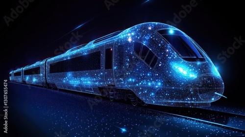 Futuristic train moving through dark tunnel