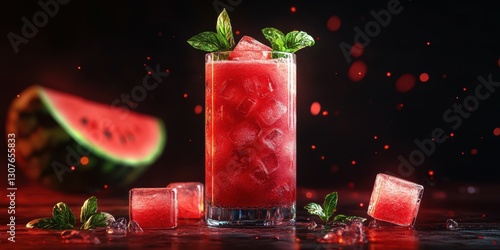 Refreshing watermelon cocktail with ice cubes and mint leaves in a stylish glass, perfect for summer gatherings
