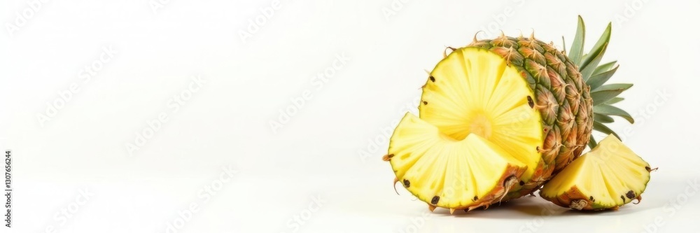 Whole pineapple, half-cut pineapple, isolated white background, fruit, closeup Whole pineapple, half-cut pineapple, isolated white background, fruit, closeup