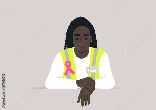 In a heartfelt display of support, a volunteer wears a bright pink ribbon symbolizing breast cancer awareness, embodying community spirit and commitment to health initiatives at a local event