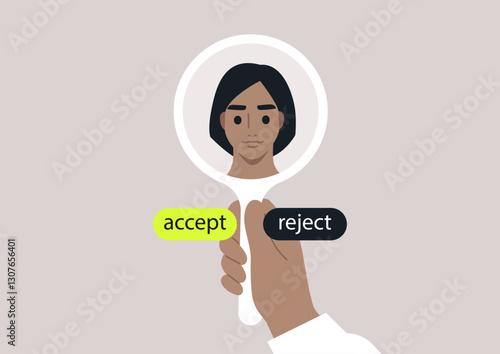 A hand holds a mirror displaying a self-portrait reflecting themes of acceptance and rejection, inviting introspection
