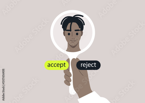A hand holds a mirror displaying a self-portrait reflecting themes of acceptance and rejection, inviting introspection