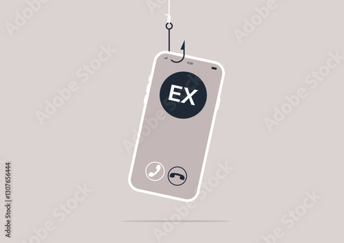 A mobile phone hangs from a hook, showcasing an incoming call labeled 'ex.' This artistic representation highlights the complex emotions associated with past romantic connections.