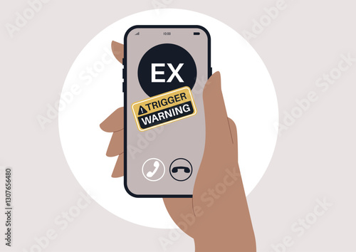 A hand holds a smartphone displaying an incoming call labeled with an ex and a trigger warning sticker, This highlights the potential emotional impact of the call, emphasizing mental health