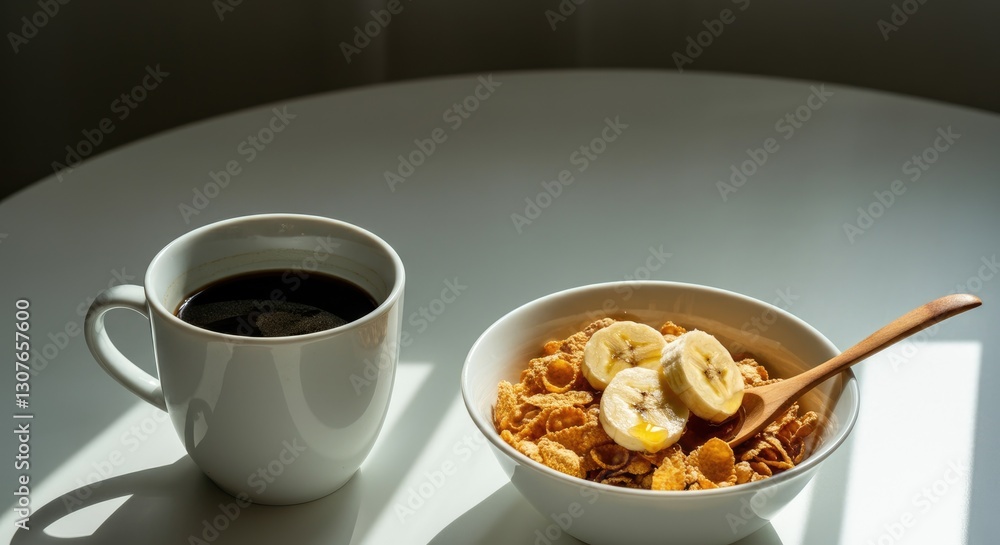 Breakfast scene with coffee and cereal banana slices Breakfast scene with coffee and cereal banana slices