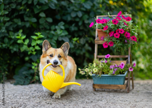 cute corgi dog with watering can in teeth standing near flowerbed in summer g...