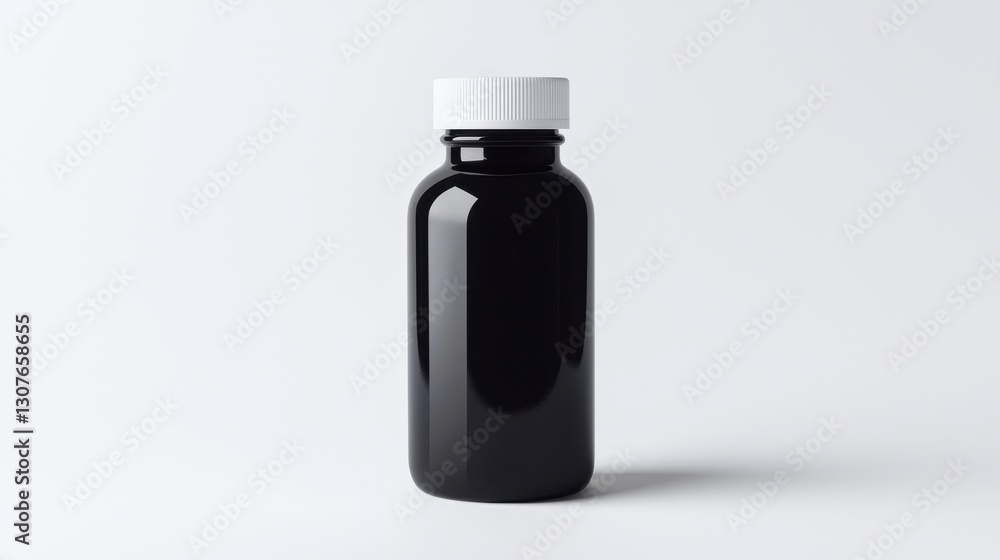 Elegant black bottle with white cap positioned on a minimalist background, showcasing sleek design and modern aesthetics Elegant black bottle with white cap positioned on a minimalist background, showcasing sleek design and modern aesthetics