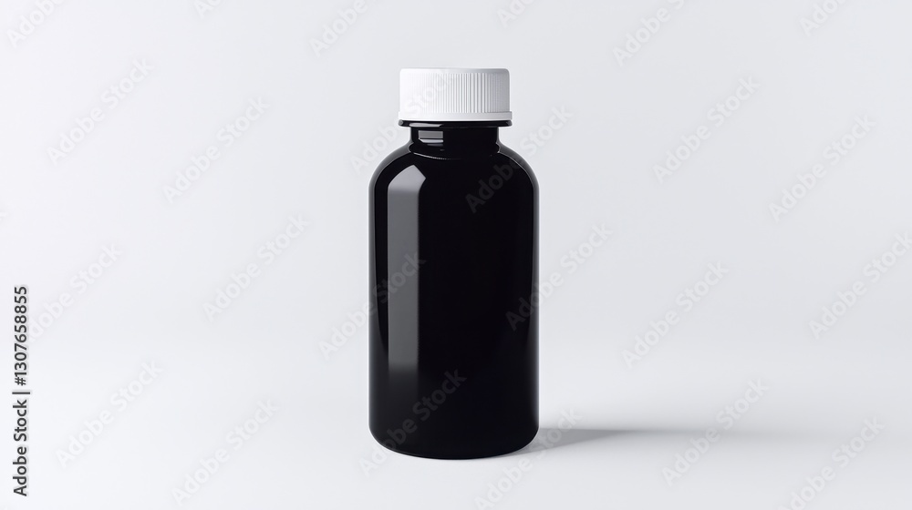 Black bottle with white cap standing on a surface in a minimalist setting perfect for product display Black bottle with white cap standing on a surface in a minimalist setting perfect for product display