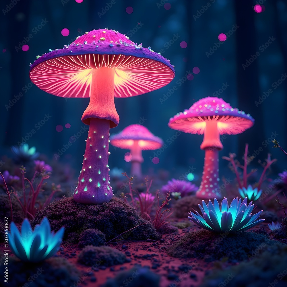 Glowing Neon Mushrooms and Bioluminescent Fungi in a Fantasy Landscape Glowing Neon Mushrooms and Bioluminescent Fungi in a Fantasy Landscape