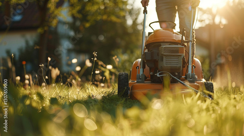 Fototapeta Naklejka Na Ścianę i Meble -  young man working with a garden mower