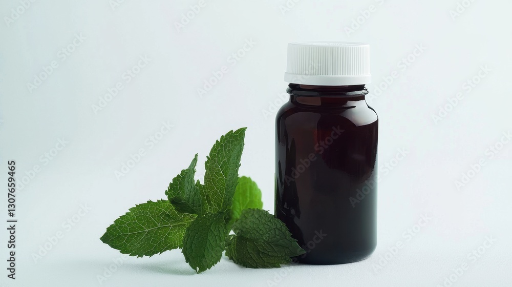 Dark glass bottle with white cap beside fresh mint leaves on light background Dark glass bottle with white cap beside fresh mint leaves on light background