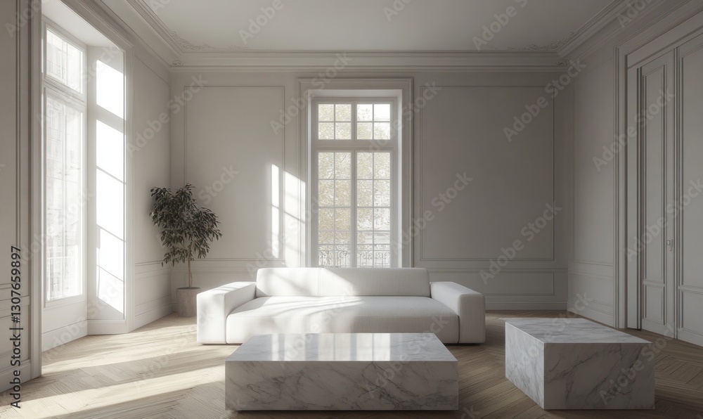 Fototapeta premium Sunny, minimalist living room with white walls, large windows, and a marble coffee table.