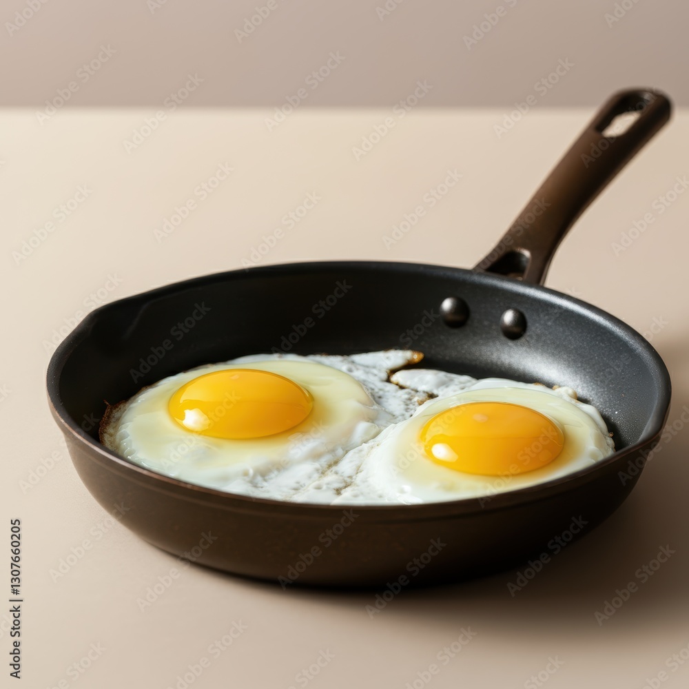 Two sunny side up eggs in a non-stick black frying pan on beige background Two sunny side up eggs in a non-stick black frying pan on beige background