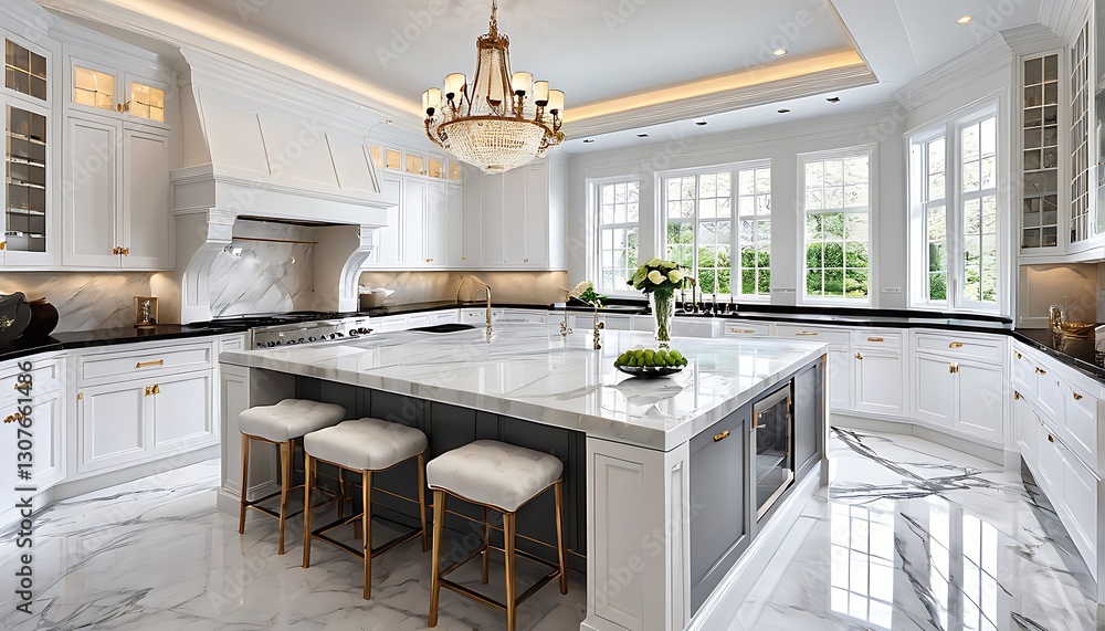 Fototapeta premium Elegant kitchen design with marble island and chandelier for modern home decor
