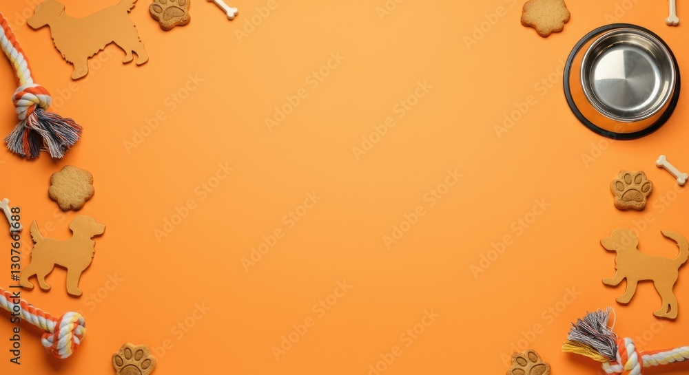 Fototapeta premium Pet-themed frame with toys, treats, and empty bowl on orange background