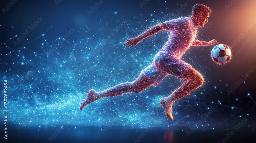Naklejka premium Futuristic Soccer Player Dribbling Ball in Abstract Network Arena