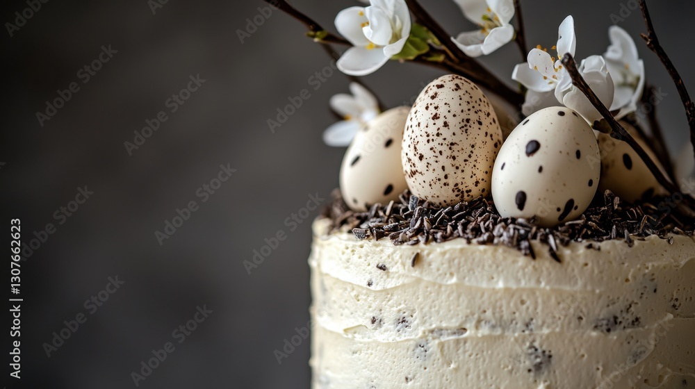 Obraz premium Festive dessert featuring decorative eggs and flowers on a layered cake for a spring celebration
