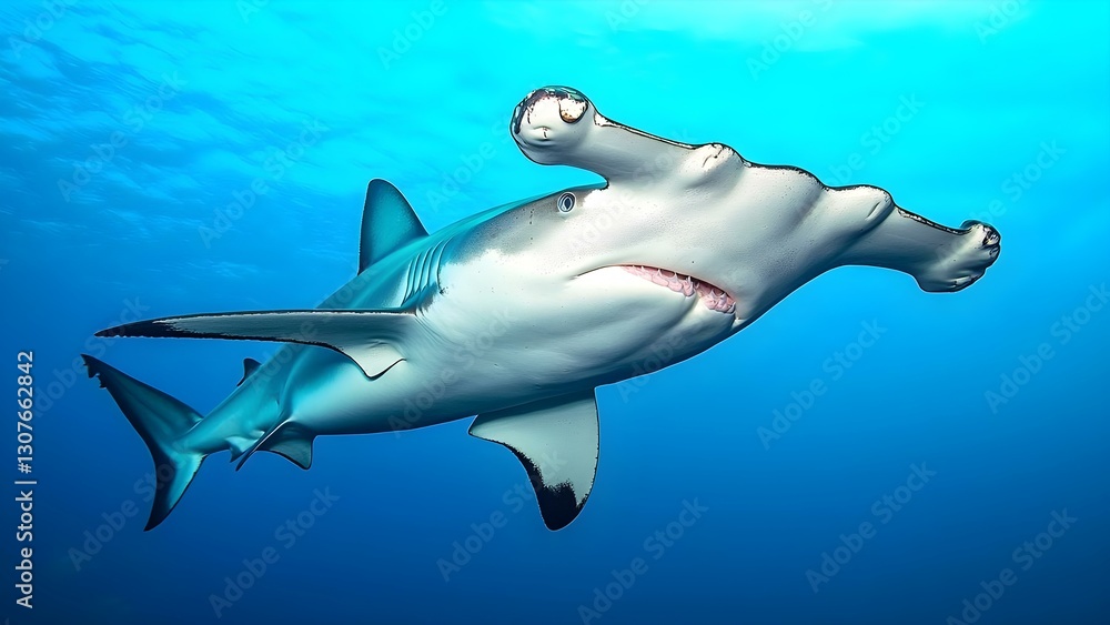Obraz premium A hammerhead shark swimming underwater, notable for its distinctive hammer-shaped head and streamlined body. Concept Hammerhead Shark, Underwater Habitat, Unique Head Shape, Marine Life
