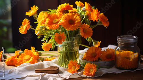 beautiful yellow flowers in vase on wooden table