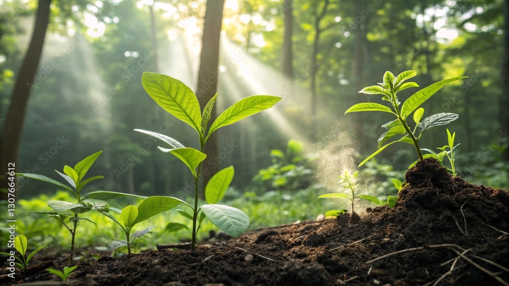 A depiction of plants and soil working together to produce oxygen, purify air, and sustain ecosystems, exemplifying their crucial role in preserving planet's,Plant growth