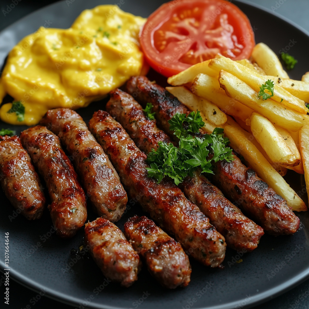 Bulgarian kebapche with fries and mustard Bulgarian kebapche with fries and mustard