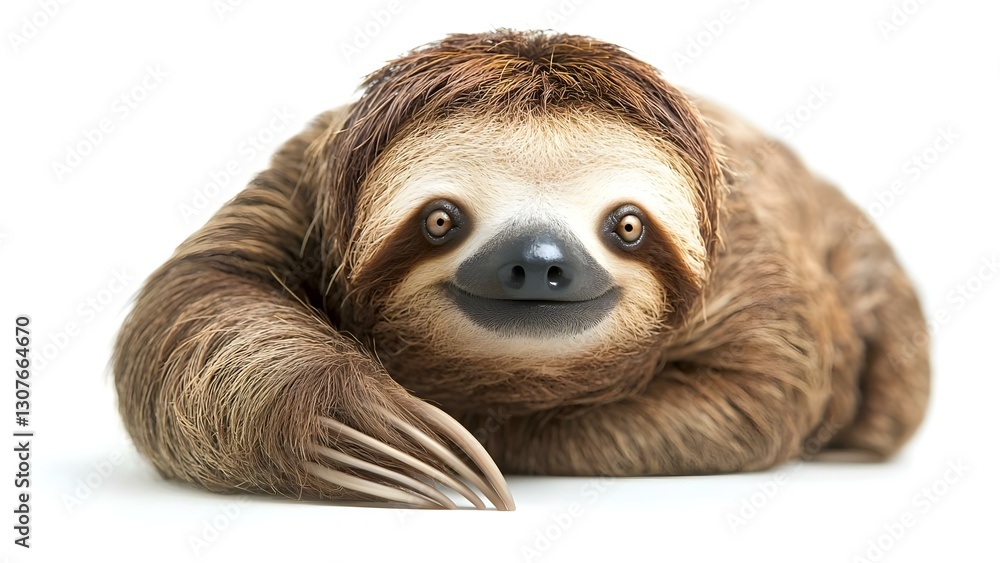 Fototapeta premium A smiling sloth, featuring its signature long claws and a furry body, resting and looking directly at the viewer. Concept Smiling Sloth, Signature Long Claws, Furry Body, Direct Eye Contact