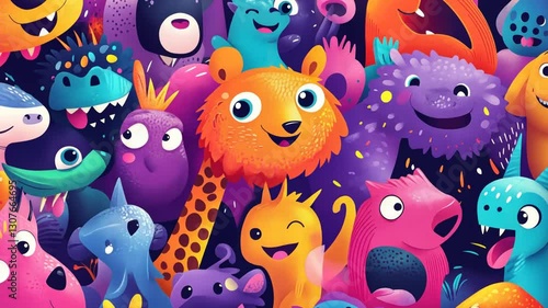 A vibrant and cheerful illustration featuring a multitude of cute and colorful cartoon monsters.  The image is bursting with playful energy and whimsical designs
