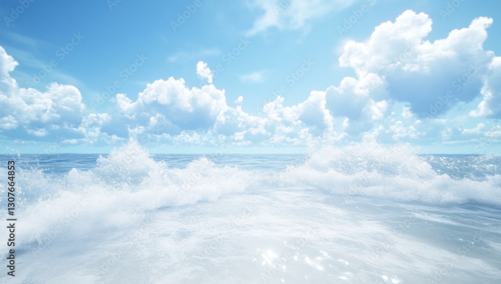Fototapeta premium Sunny ocean waves and blue sky with fluffy clouds.
