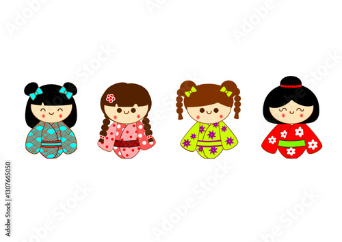 japanese dolls isolated on white, kokeshi