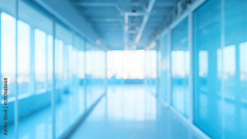 Beautiful light blue blurred background of a light modern hallway with steel beams and panoramic windows and beautiful lighting, business photo background, business profile banner, blurry Beautiful light blue blurred background of a light modern hallway with steel beams and panoramic windows and beautiful lighting, business photo background, business profile banner, blurry