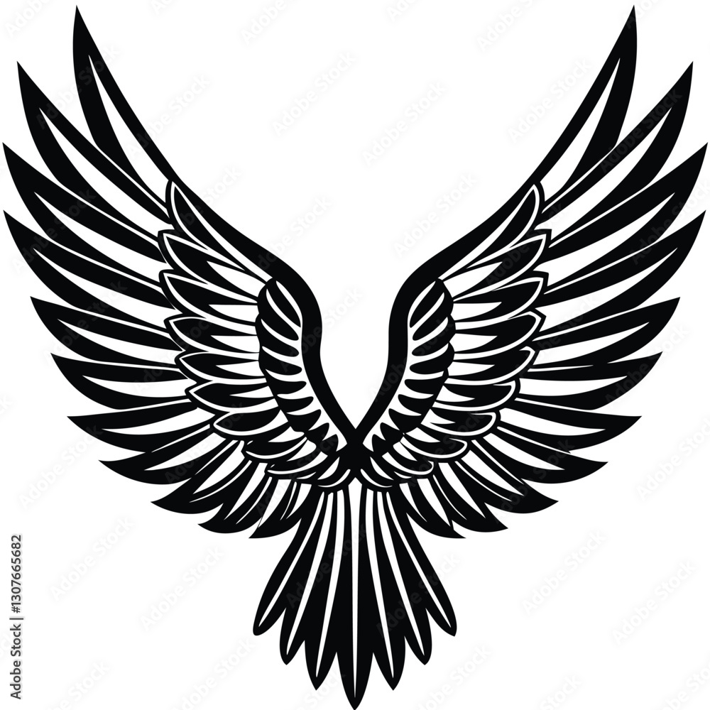 Obraz premium Bold Black and White Eagle Line Art - Vector Illustration, Flying Hawk Tattoo Design - Monochrome Digital Artwork,bird's wing