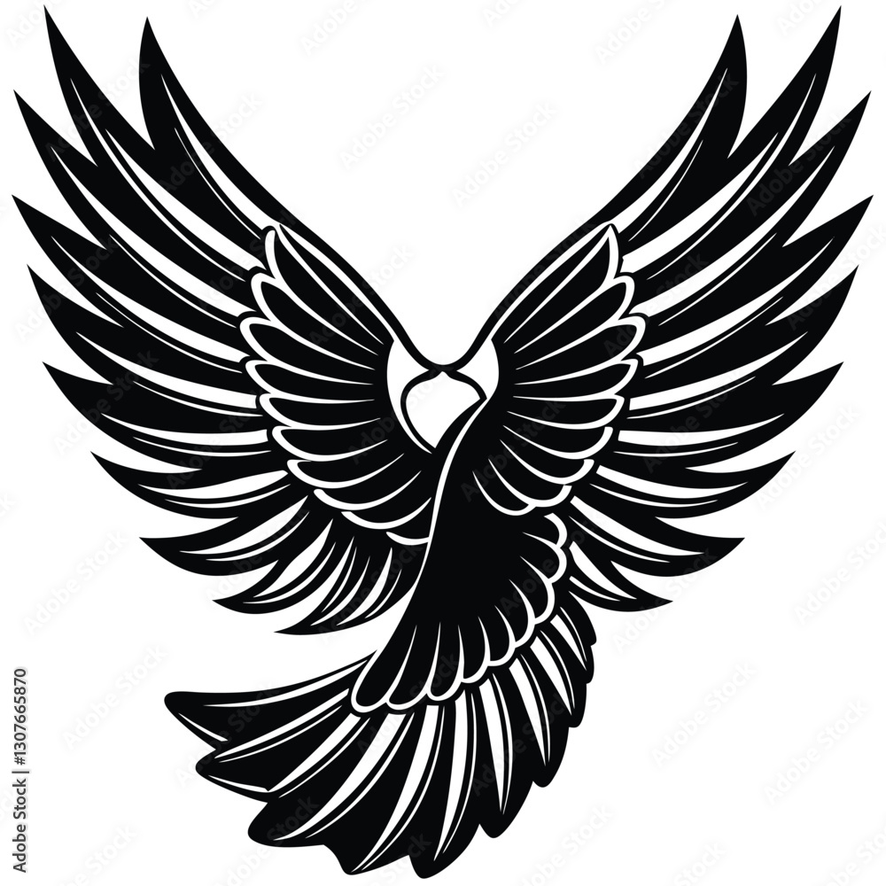 Obraz premium Bold Black and White Eagle Line Art - Vector Illustration, Flying Hawk Tattoo Design - Monochrome Digital Artwork,bird's wing