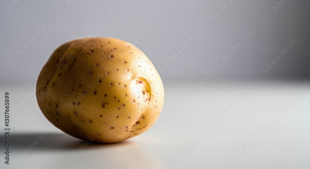 Single fresh potato on minimalist white table against neutral background Single fresh potato on minimalist white table against neutral background