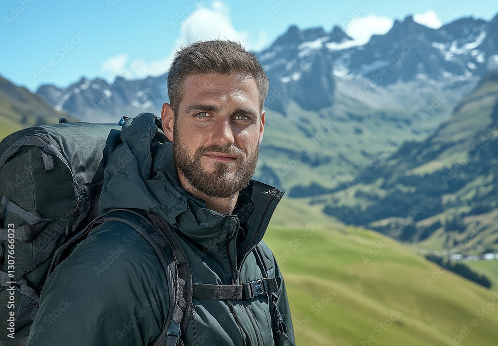 Happy hiker smiling and looking at camera with mountains in background. bright sky and lush green landscape create sense of adventure and joy Happy hiker smiling and looking at camera with mountains in background. bright sky and lush green landscape create sense of adventure and joy