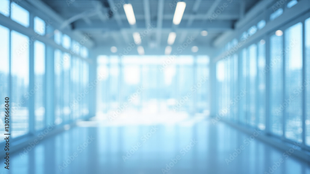 Beautiful light blue blurred background of a light modern hallway with steel beams and panoramic windows and beautiful lighting, business photo background, business profile banner, blurry Beautiful light blue blurred background of a light modern hallway with steel beams and panoramic windows and beautiful lighting, business photo background, business profile banner, blurry