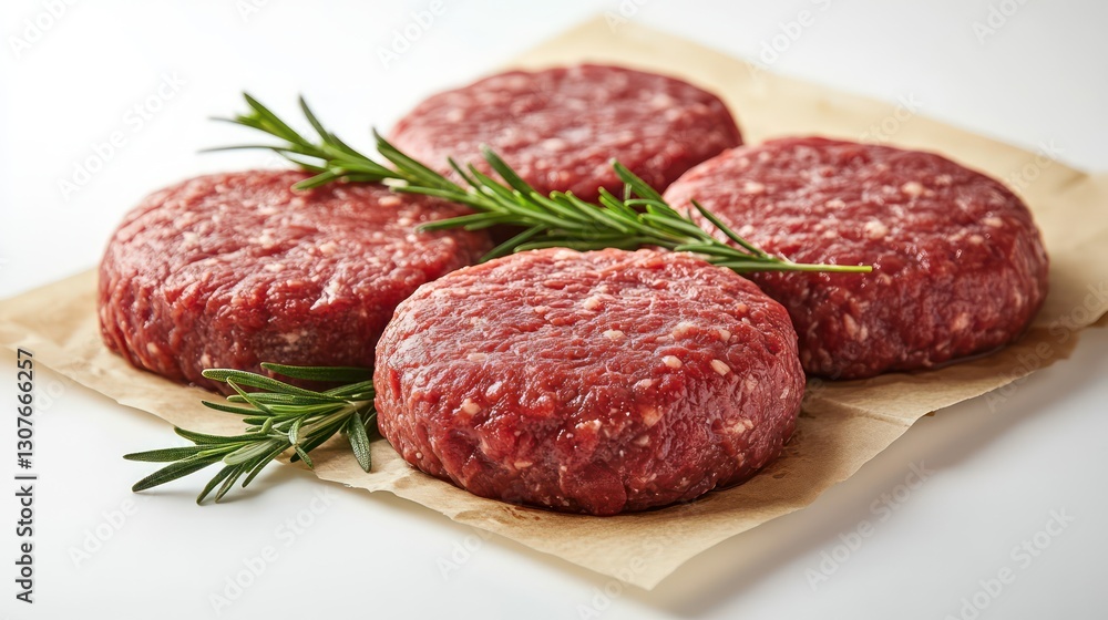 Raw ground beef, shaped into thick, fresh burger patties, placed on butcher paper with fresh rosemary sprigs, isolated on a white background Raw ground beef, shaped into thick, fresh burger patties, placed on butcher paper with fresh rosemary sprigs, isolated on a white background