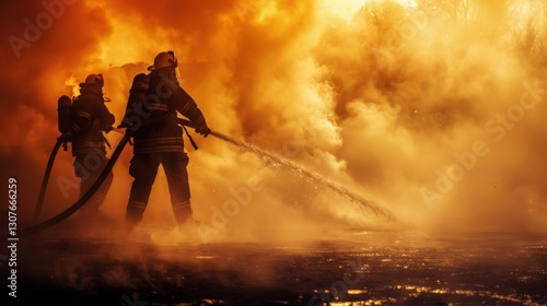 Firefighters battle intense flames with high-pressure hoses during emergency response at a large blaze