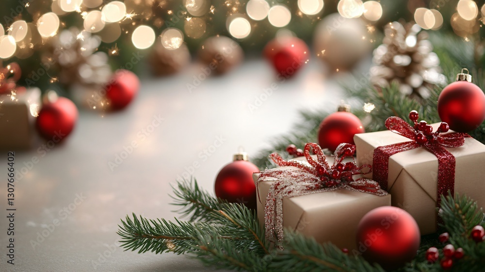 Obraz premium Festive Christmas background with red balls and fir branches