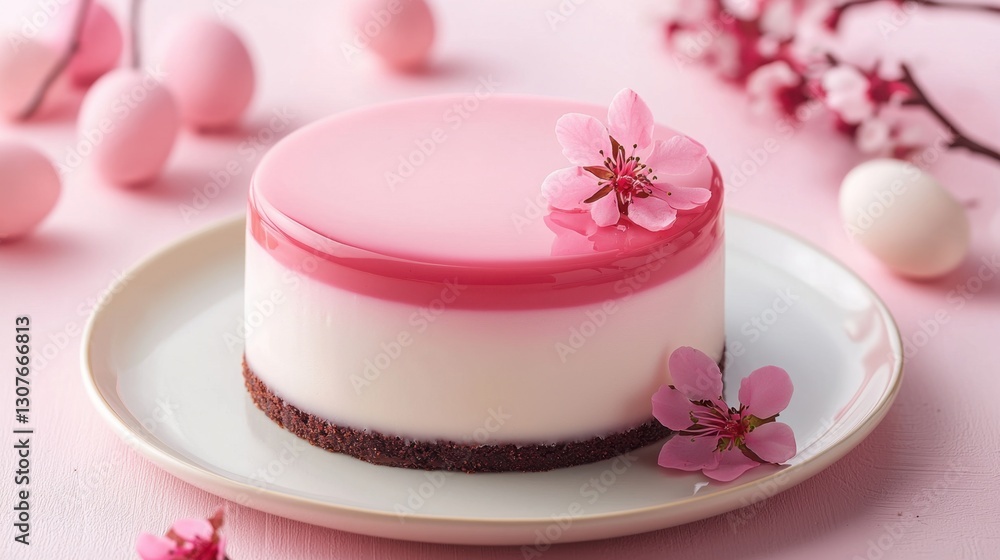 Delicate dessert with pink glaze and blossoms displayed on a pastel table with decorative eggs Delicate dessert with pink glaze and blossoms displayed on a pastel table with decorative eggs