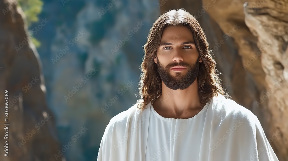 handsome Jesus Christ at nature landscape with gentle smile handsome Jesus Christ at nature landscape with gentle smile
